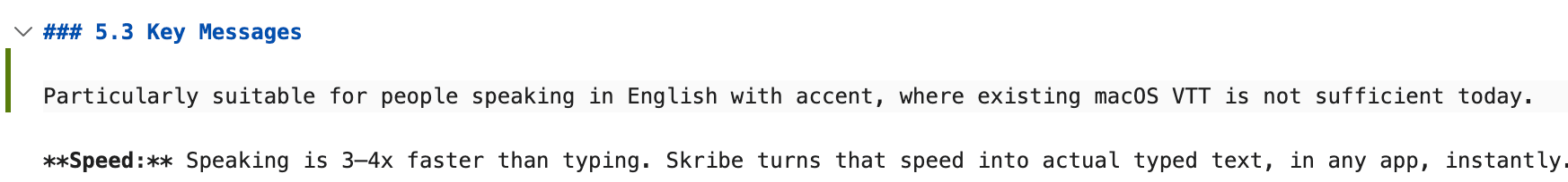 A markdown editor with a paragraph of dictated text inserted at the cursor — Skribe synthesises keystrokes into whichever app held focus.